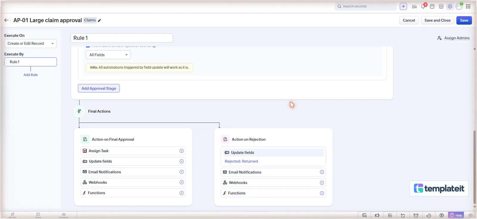 Final actions on approval and rejection