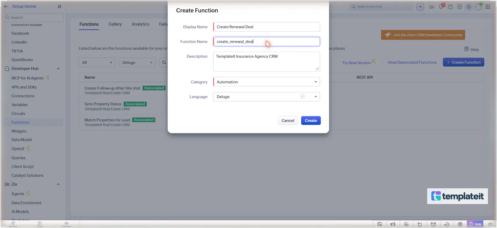 Create Function dialog