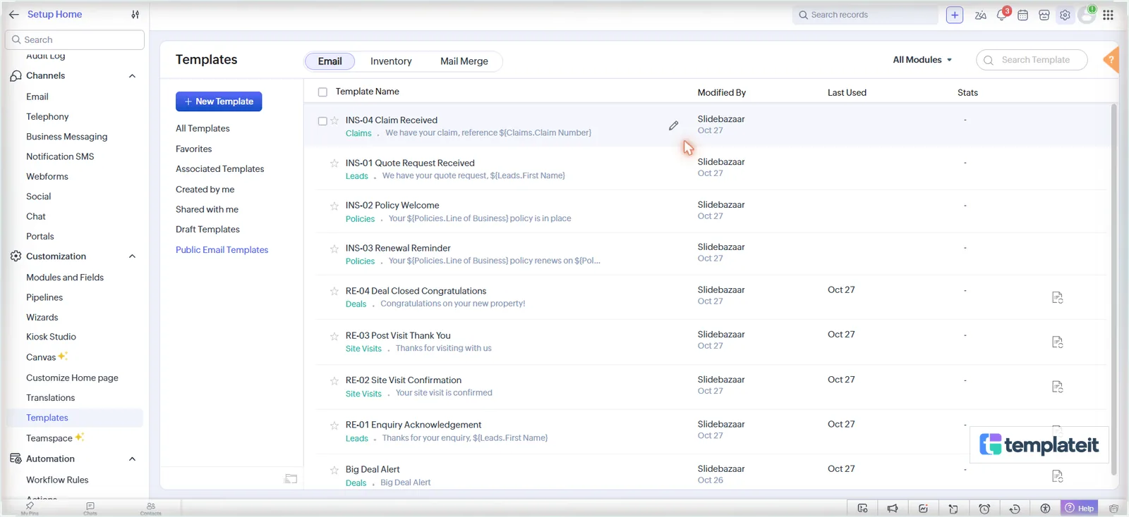 The four insurance email templates in the list