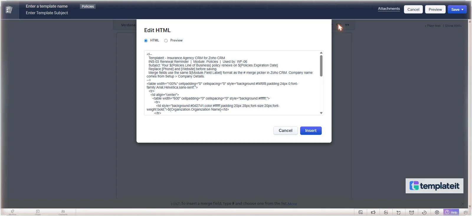 Pasting the template HTML