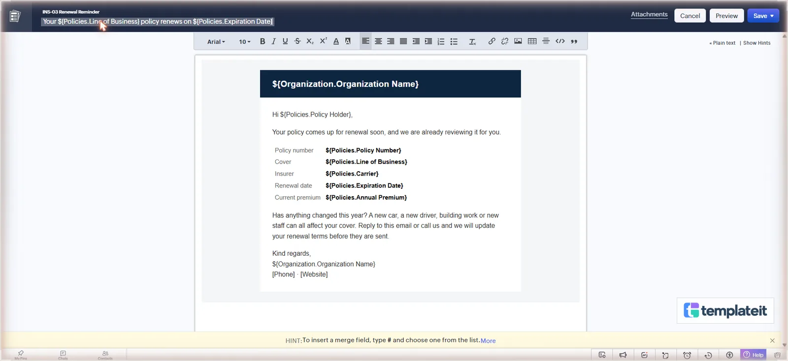 The renewal reminder in the editor