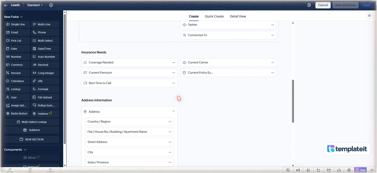Insurance Needs section on Leads