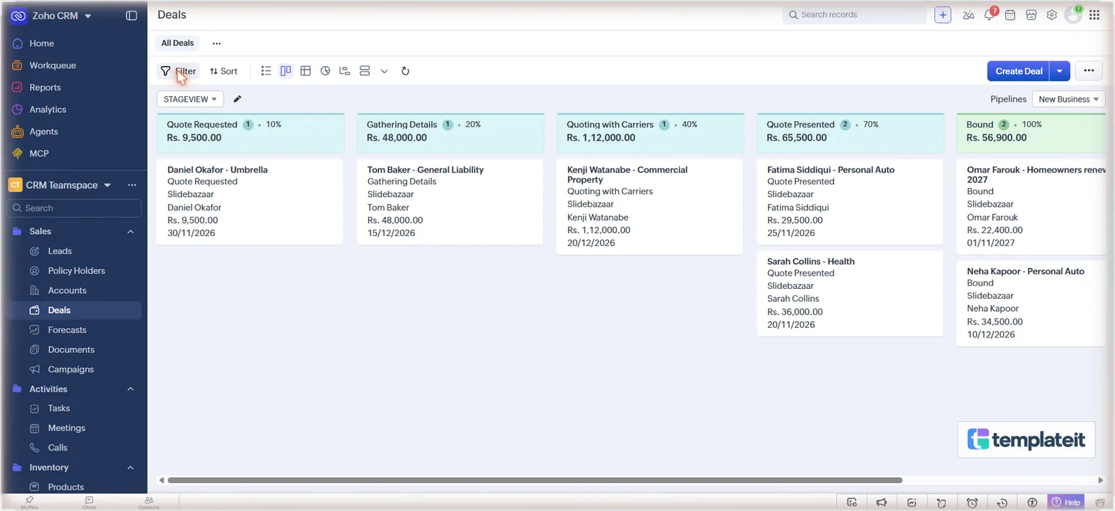 Quotes moving through the New Business pipeline in Zoho CRM
