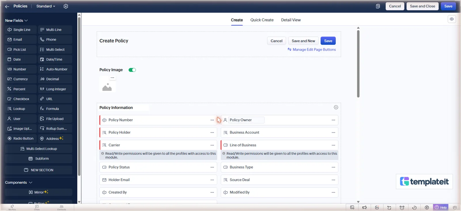 Policies layout with the required fields marked
