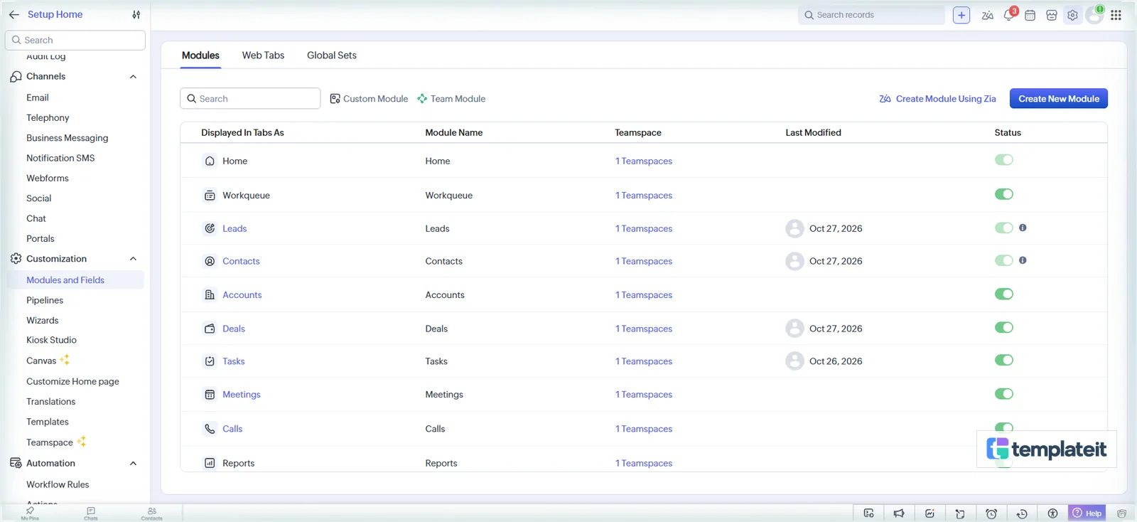 Modules and Fields in Zoho CRM setup