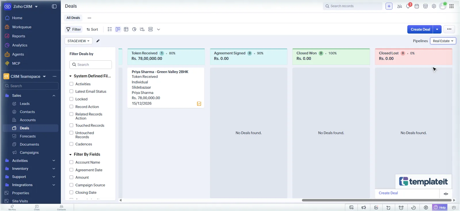 Zoho CRM Real Estate pipeline Kanban view with a deal at Token Received