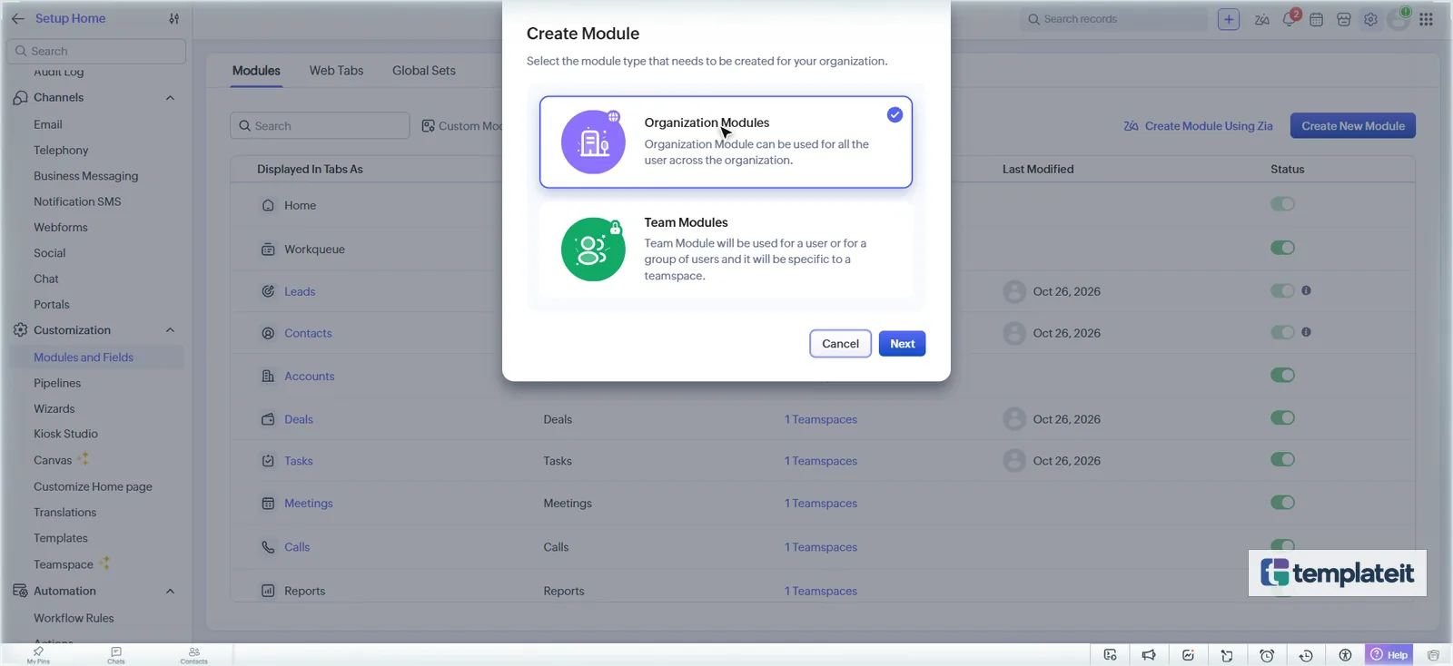 Zoho CRM Create Module dialog with Organization Modules selected