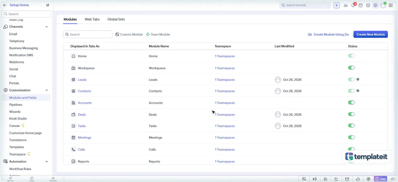 Zoho CRM Modules and Fields setup page with the Create New Module button