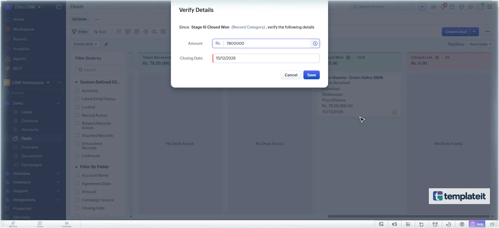 Zoho CRM Verify Details dialog when moving a deal to Closed Won