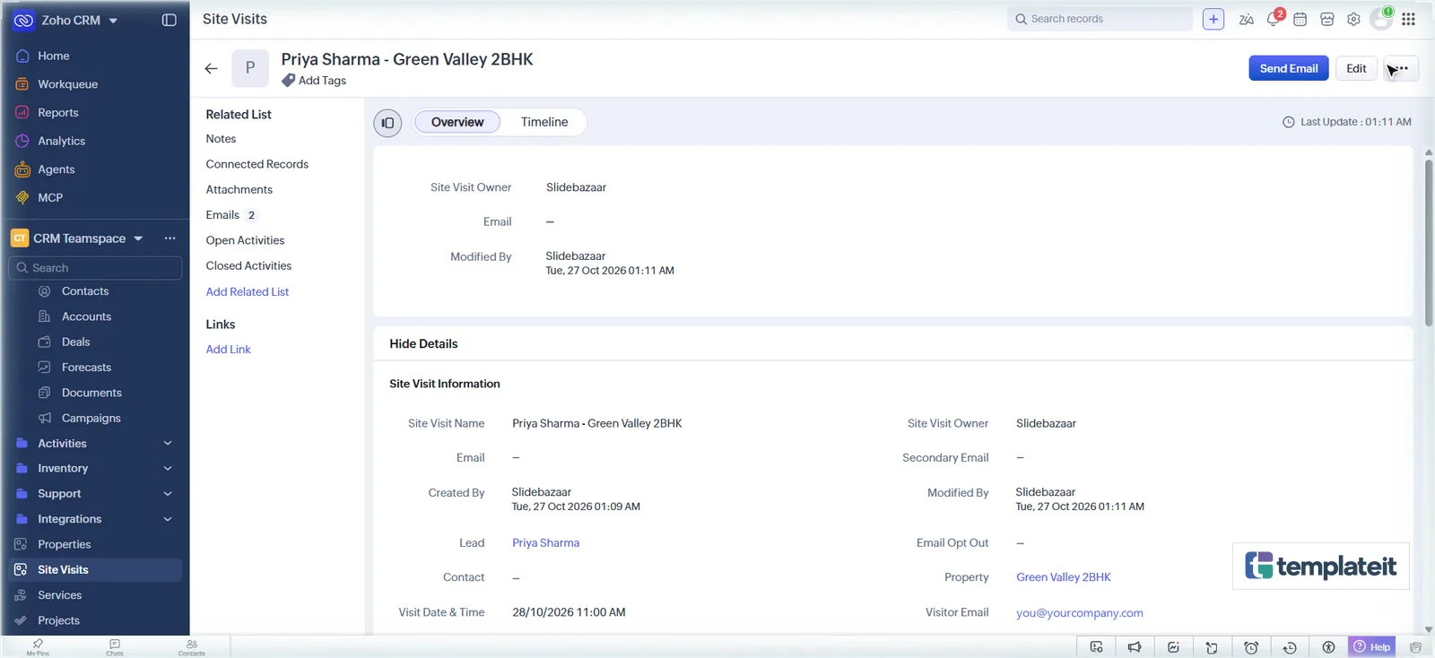 Completed site visit record in Zoho CRM with emails sent