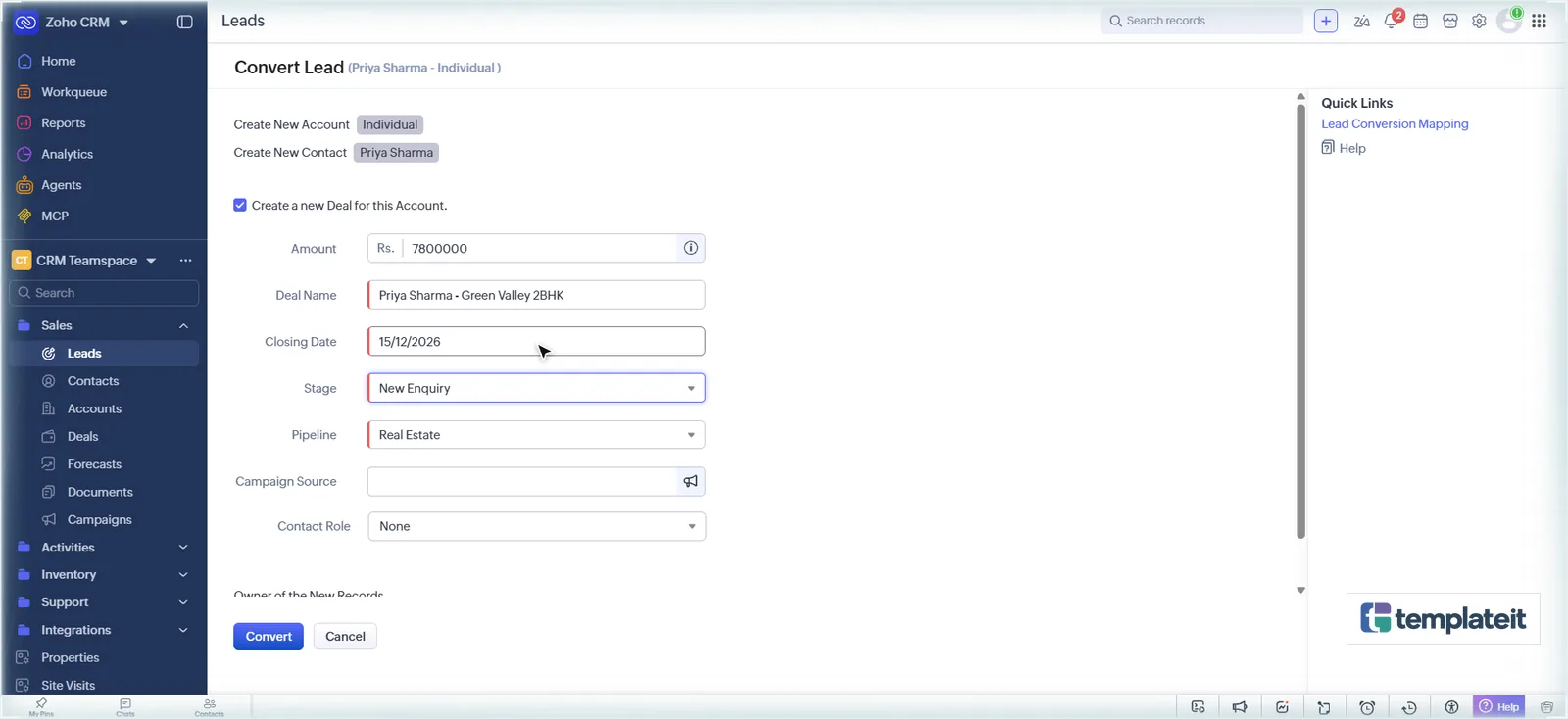 Converting a Zoho CRM lead into a deal in the Real Estate pipeline