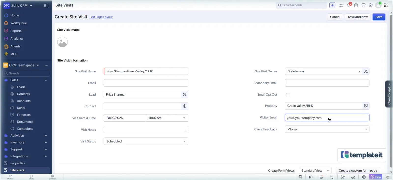 Creating a site visit in Zoho CRM for Green Valley 2BHK