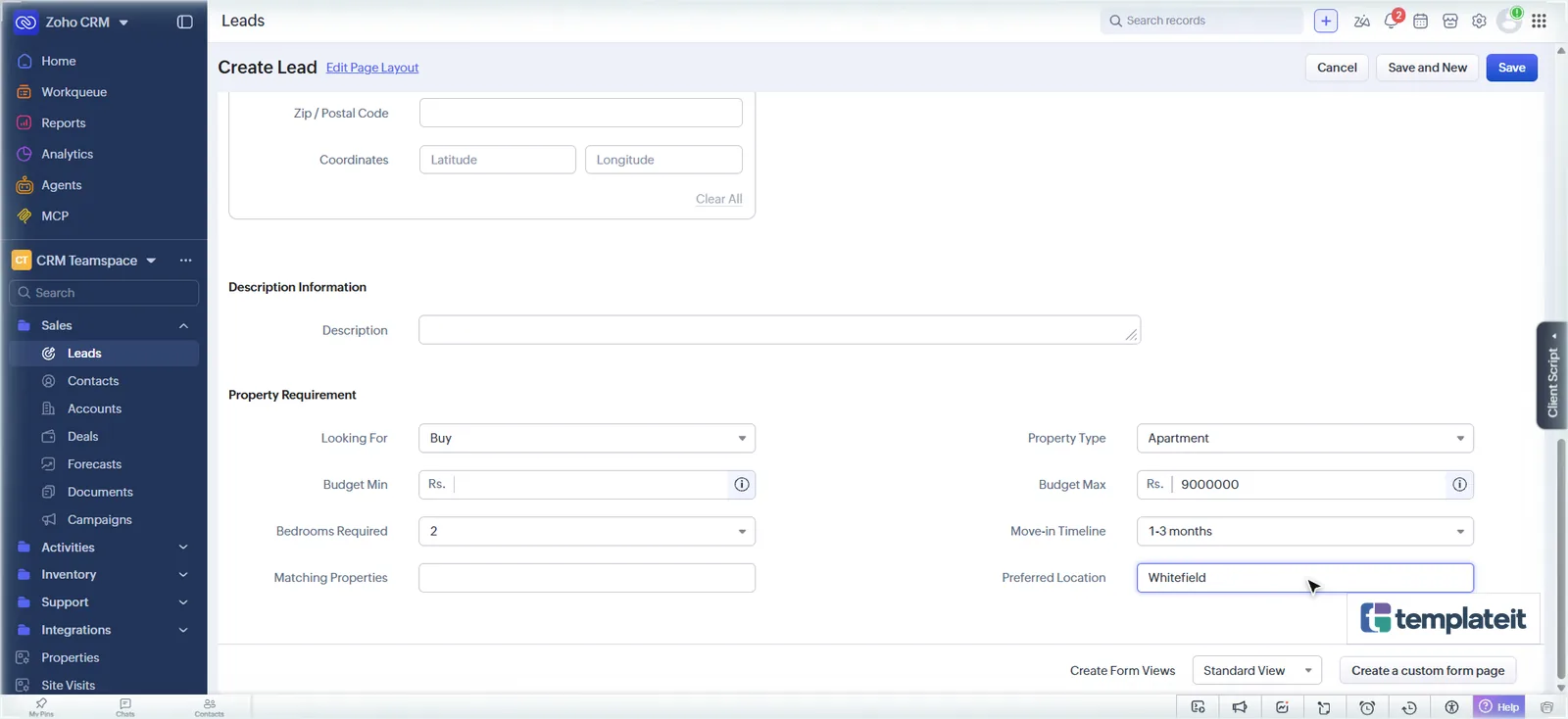 Creating a test lead in Zoho CRM with a Property Requirement of Buy, Apartment, Whitefield
