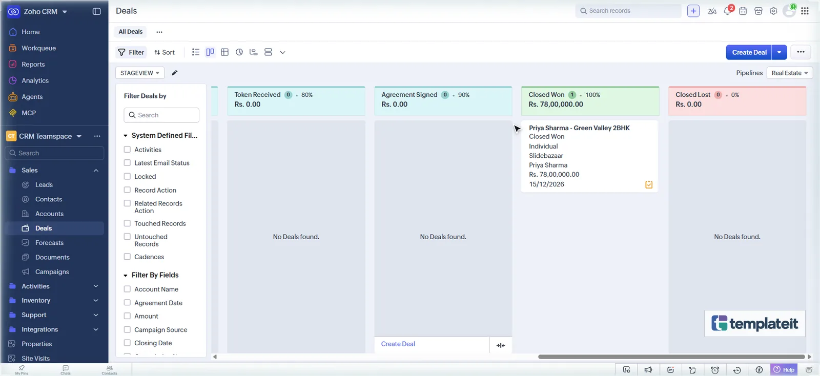 Zoho CRM real estate deal in the Closed Won column of the Kanban