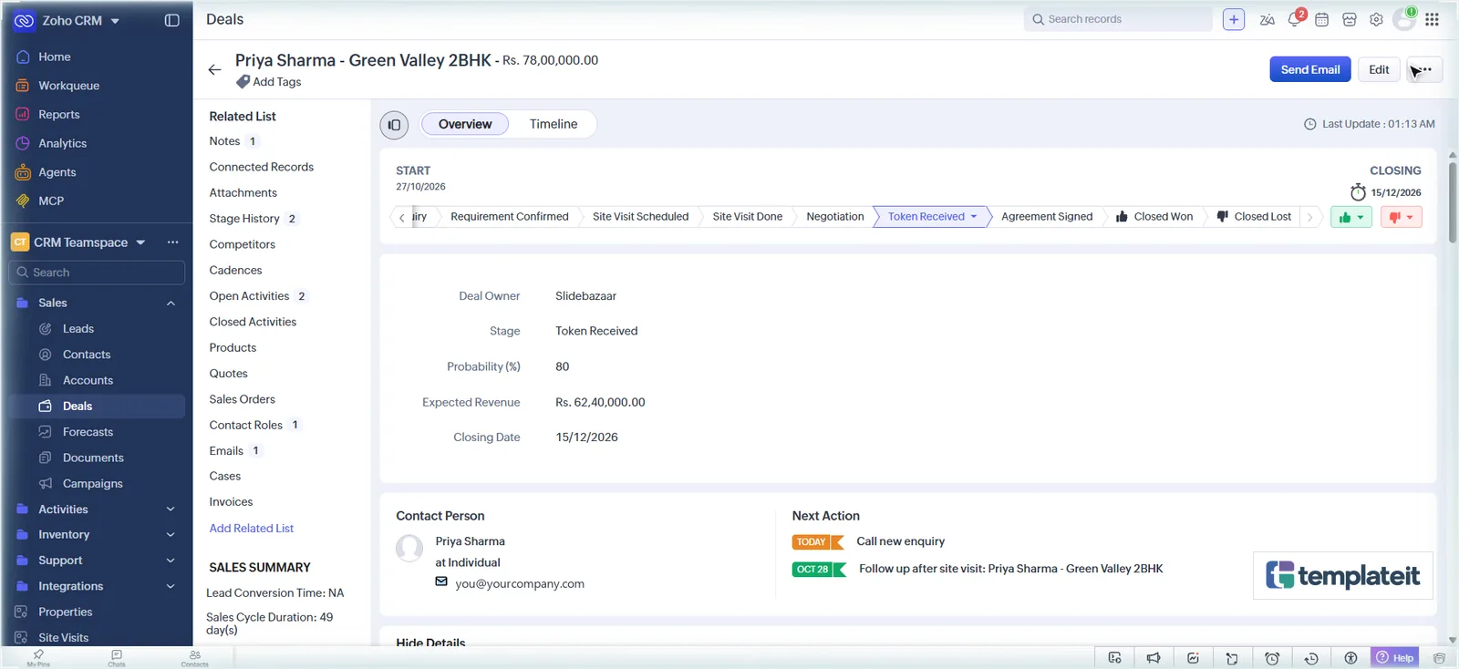 Zoho CRM deal at stage Token Received in the Real Estate pipeline