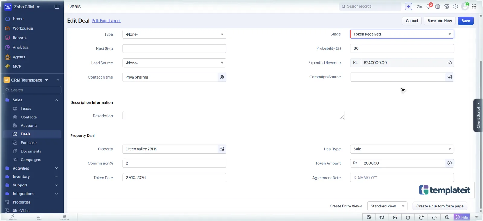 Editing a Zoho CRM deal to stage Token Received with property, commission and token amount