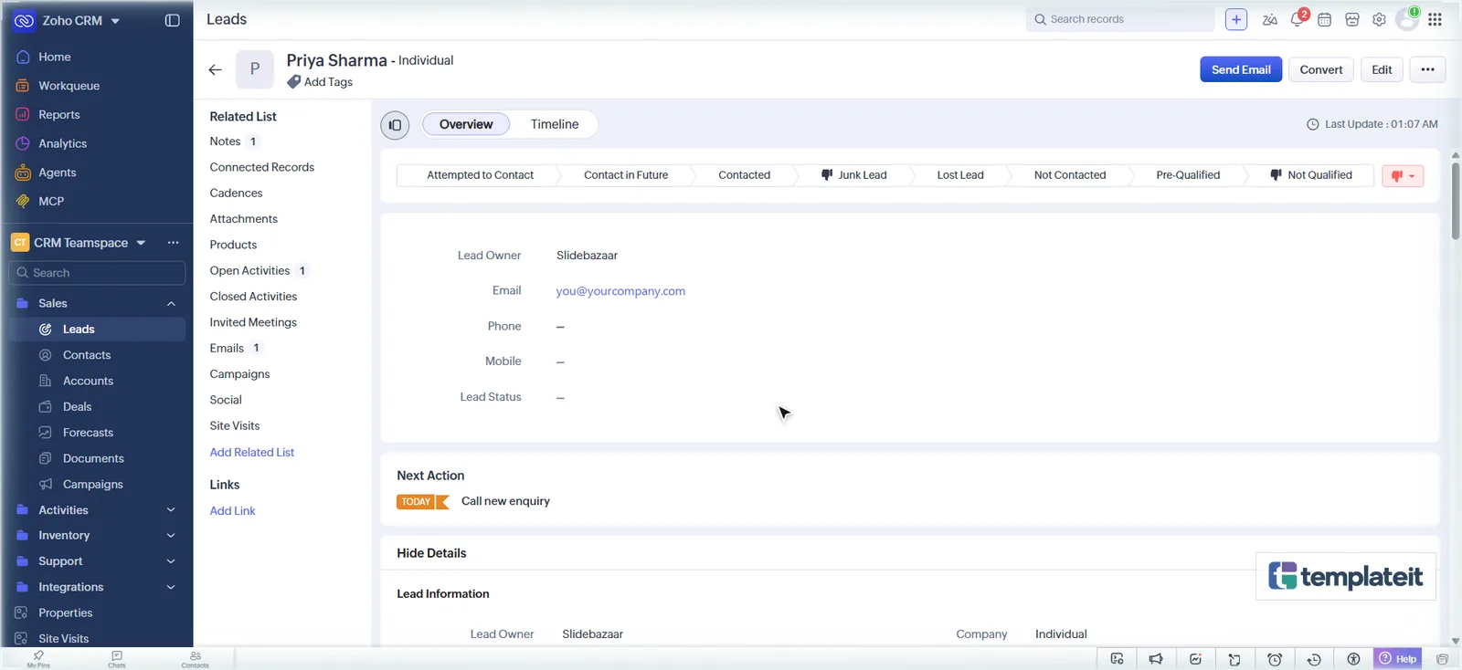 Zoho CRM lead after the workflow ran, with a matching properties note and a call task