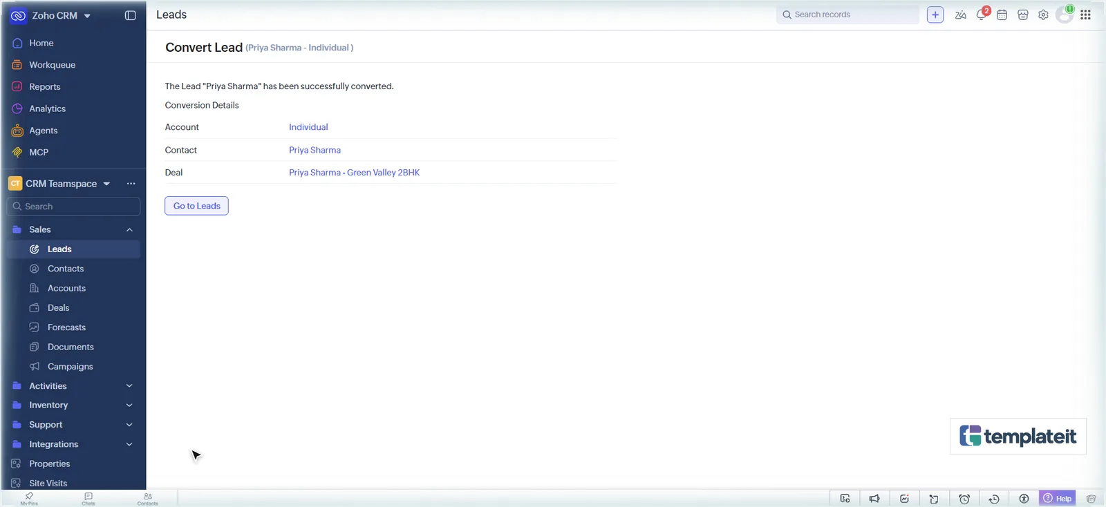 Zoho CRM lead converted into a contact and a real estate deal