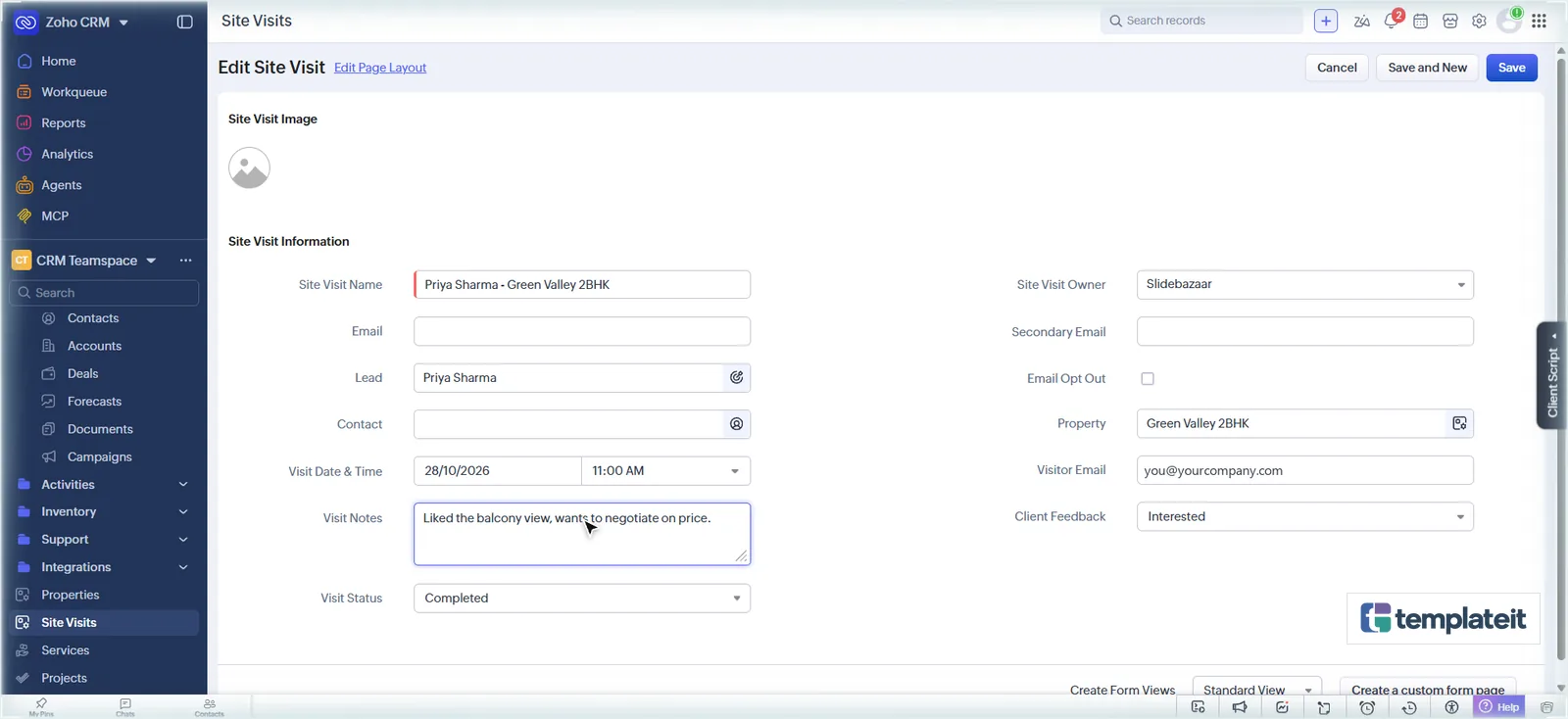 Marking a Zoho CRM site visit as Completed with client feedback Interested