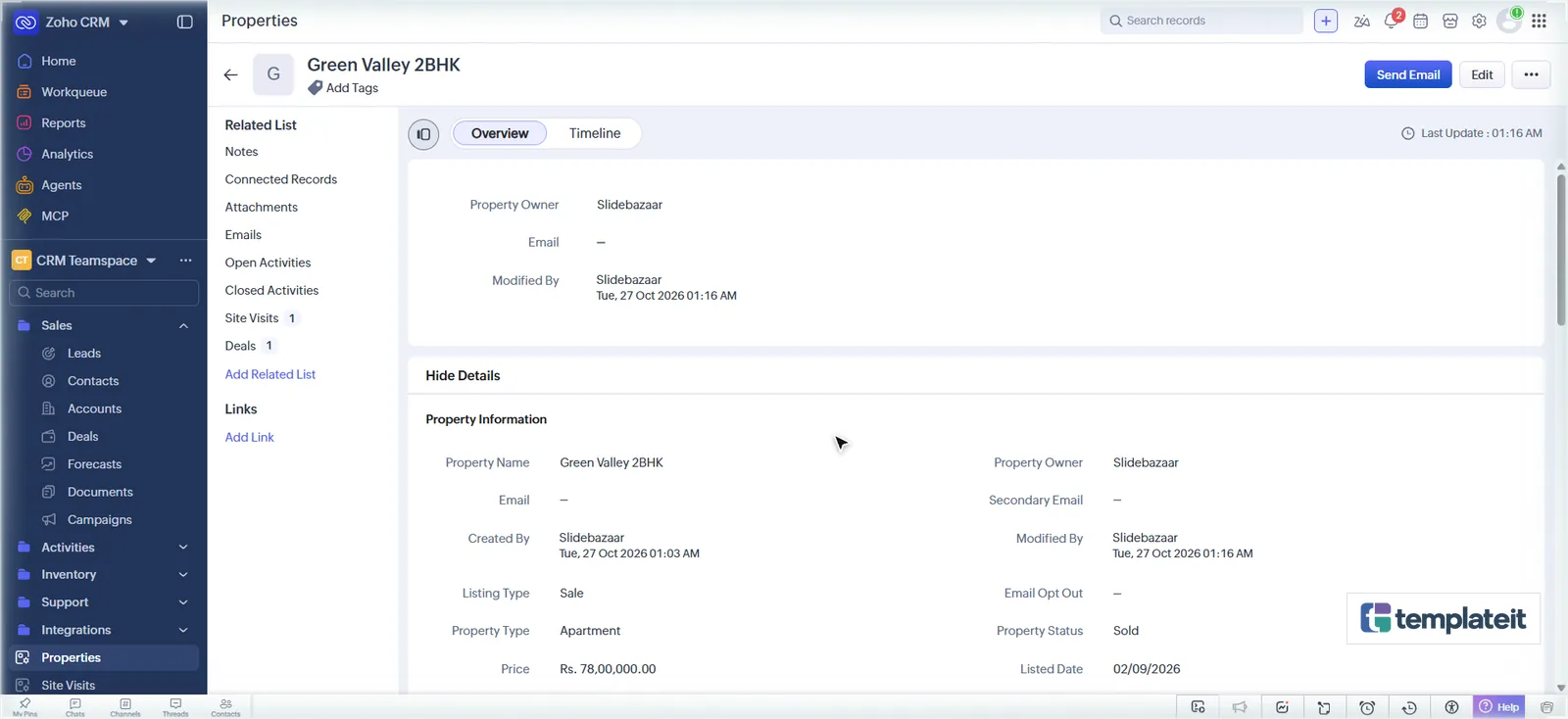 Zoho CRM property record automatically updated to status Sold