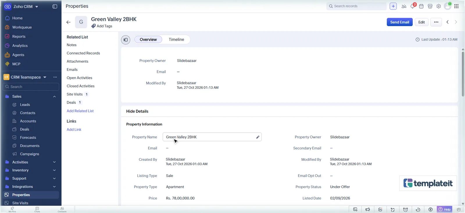 Zoho CRM property record automatically updated to status Under Offer