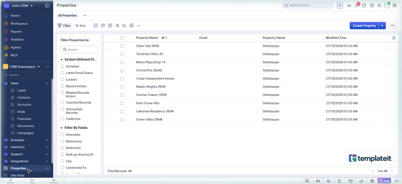 Sample property listings in the Zoho CRM Properties module