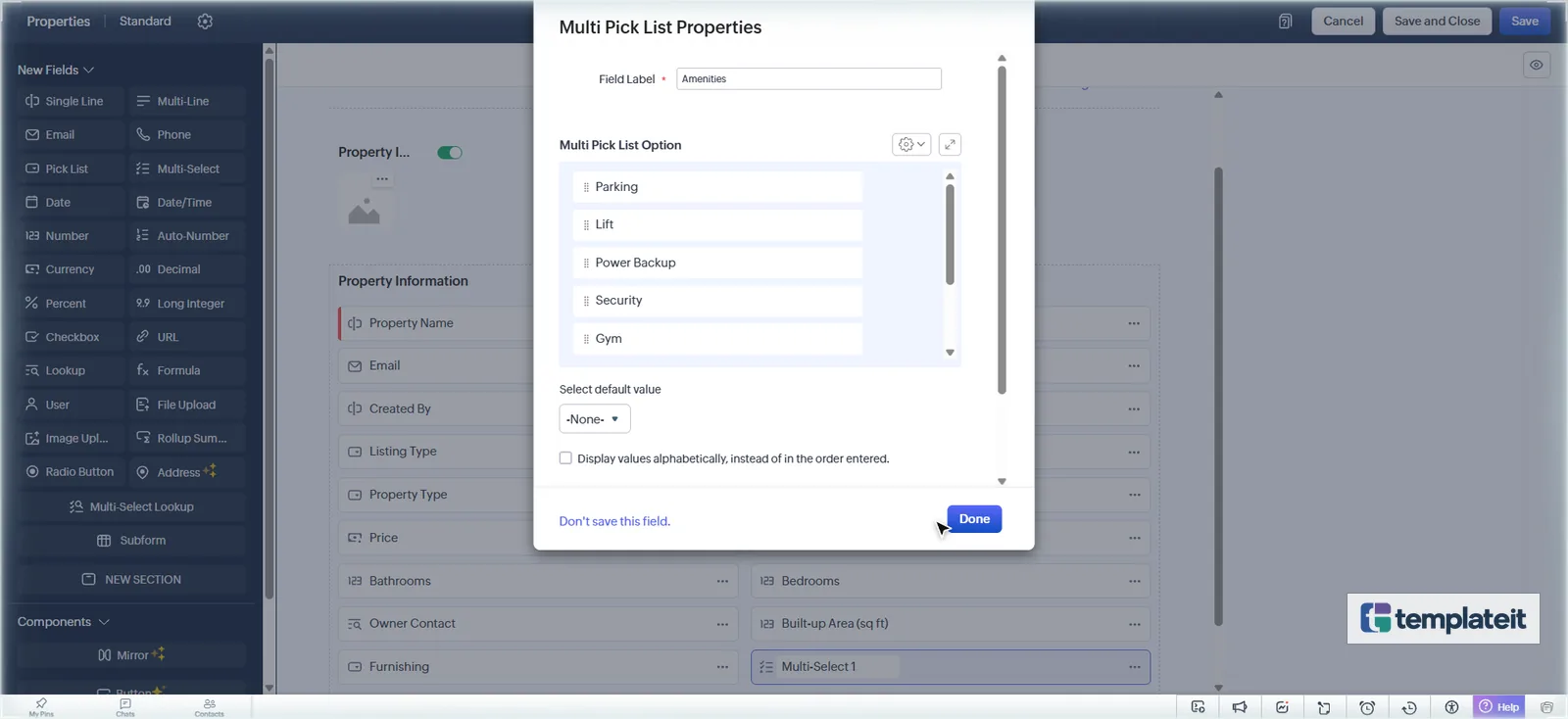 Zoho CRM Amenities multi-select pick list with Parking, Lift, Power Backup, Security and Gym