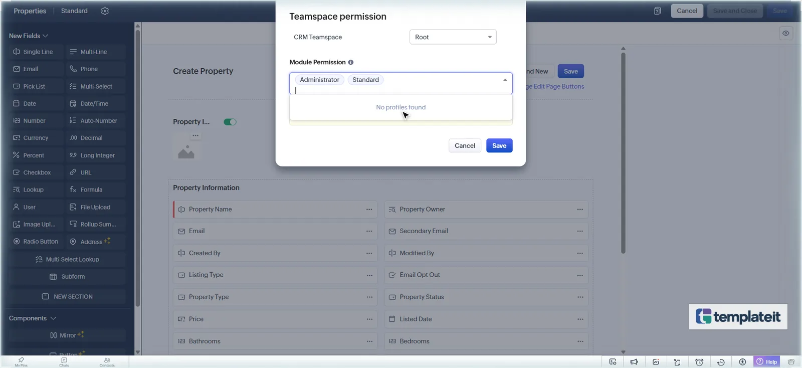 Zoho CRM module permission dialog with the Administrator and Standard profiles selected