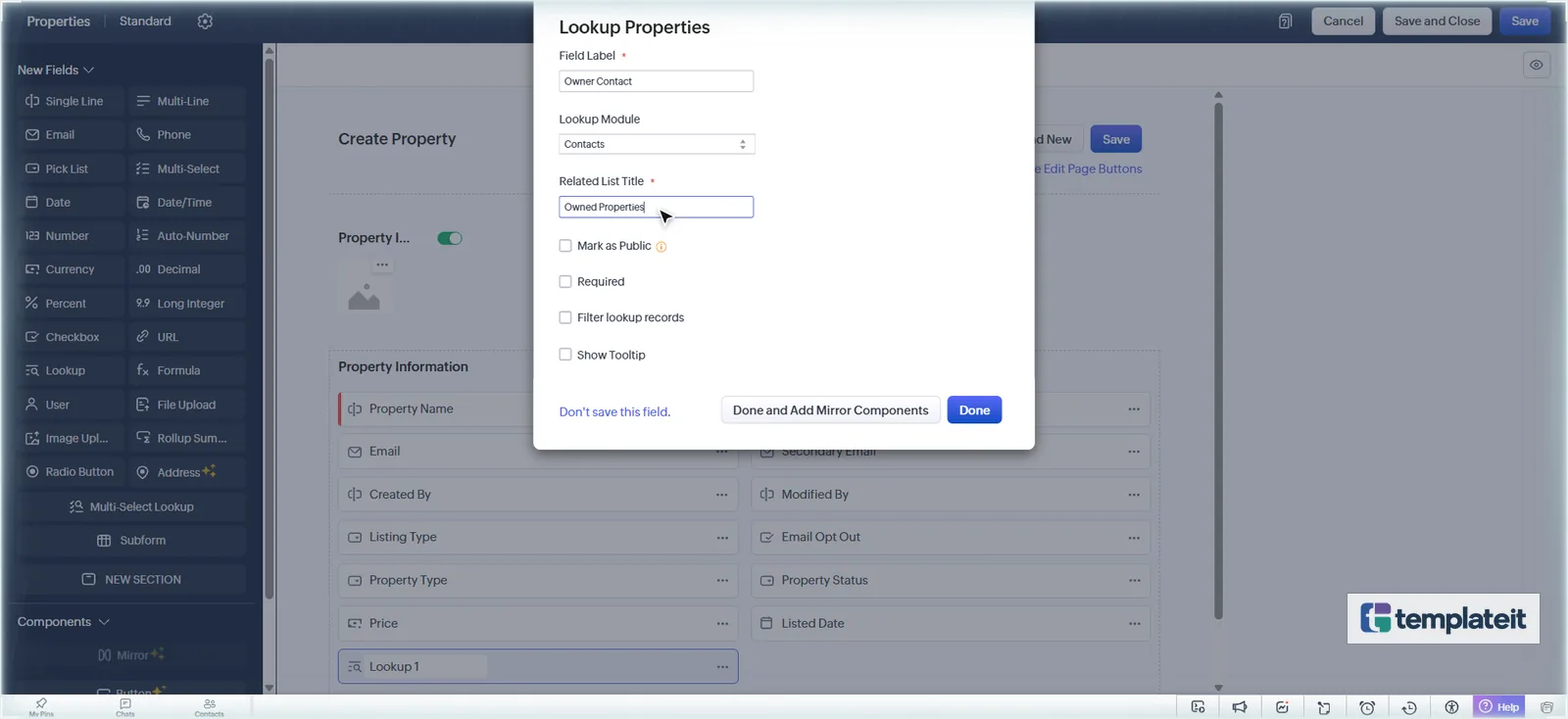 Zoho CRM Owner Contact lookup field to Contacts with the related list title Owned Properties