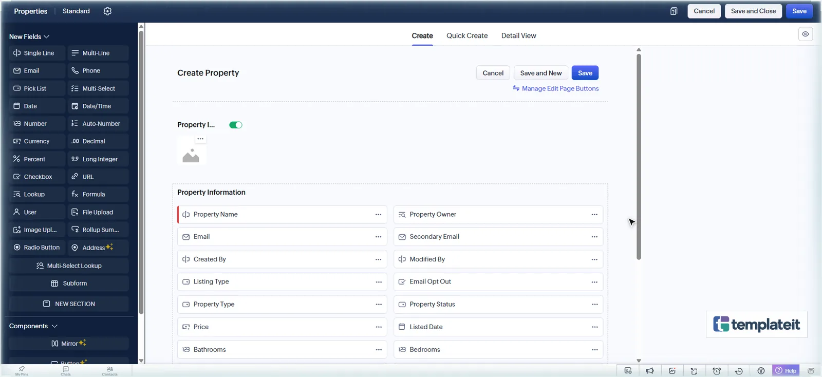 Completed Properties module layout in the Zoho CRM layout editor