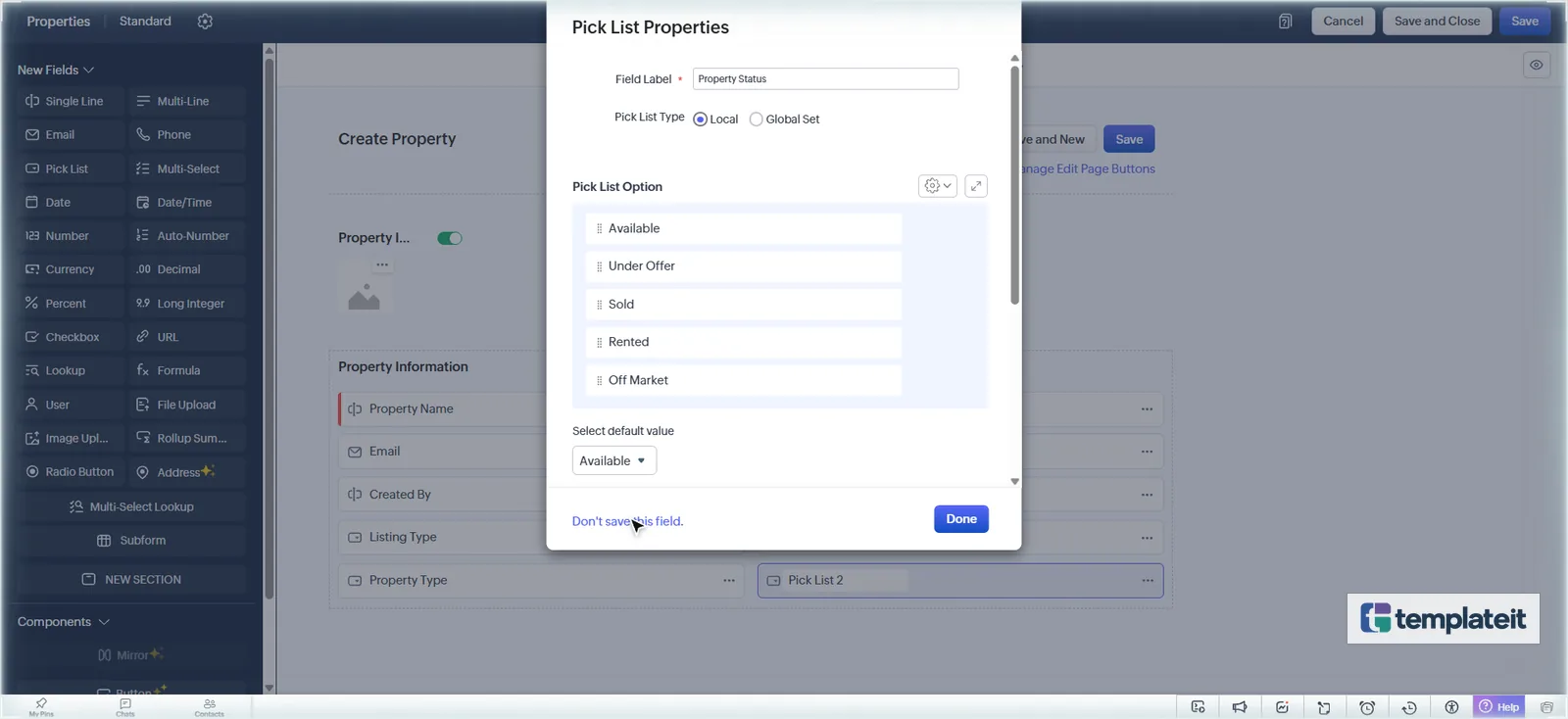 Zoho CRM Property Status pick list with Available selected as the default value