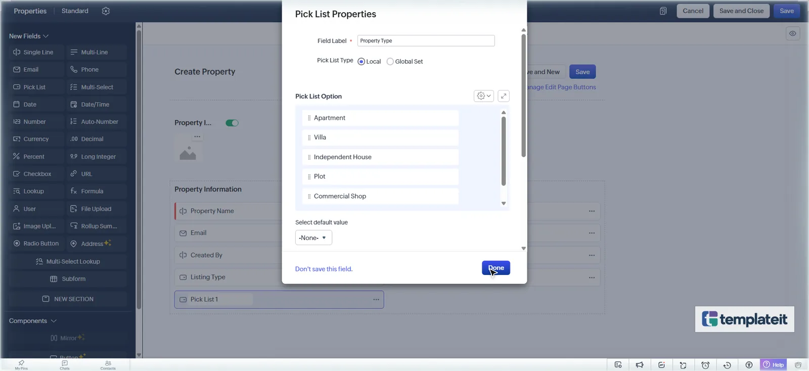 Zoho CRM Property Type pick list with Apartment, Villa, Independent House, Plot and Commercial Shop