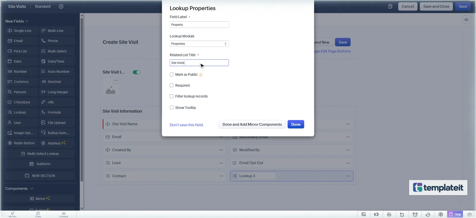 Zoho CRM Property lookup field on the Site Visits module with related list title Site Visits