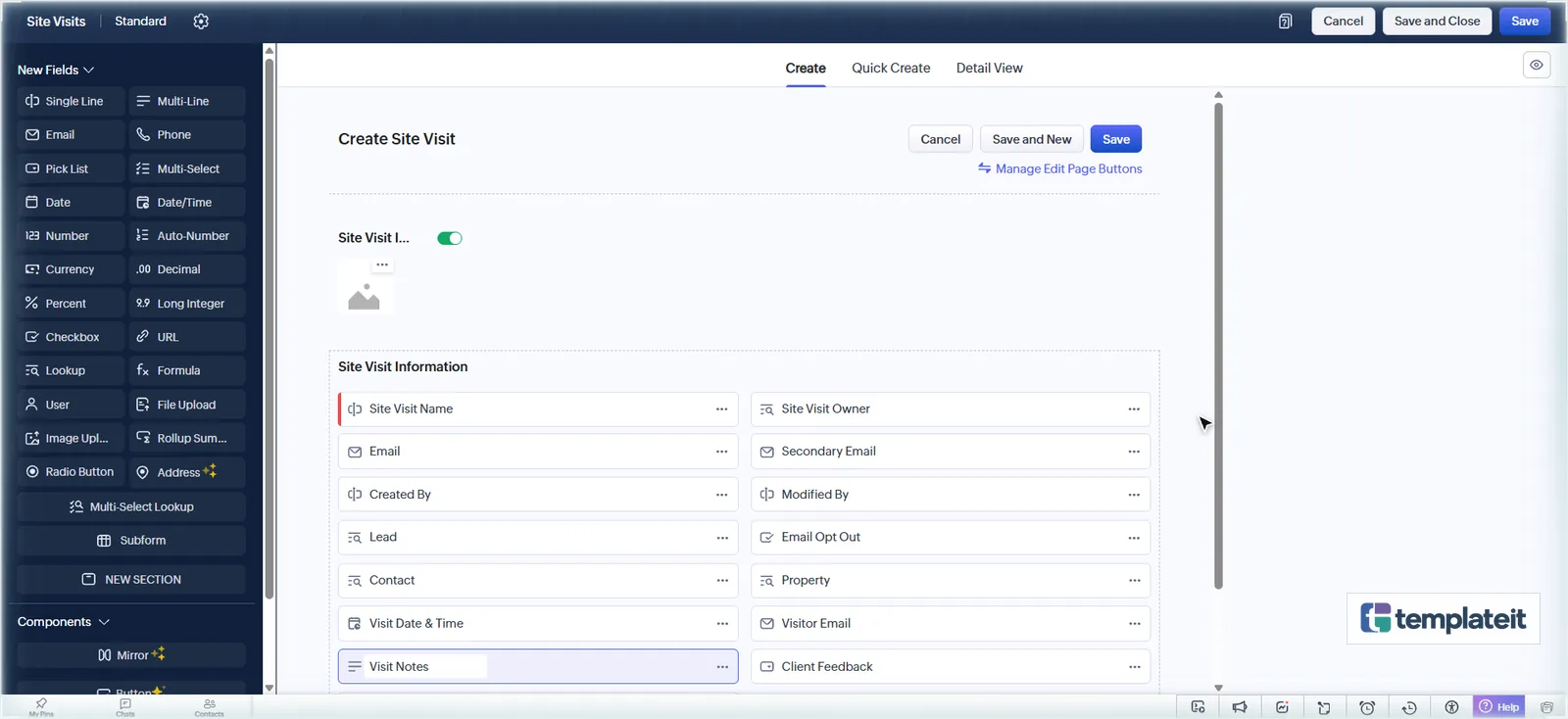 Completed Site Visits module layout in Zoho CRM with lead, contact, property and visit fields