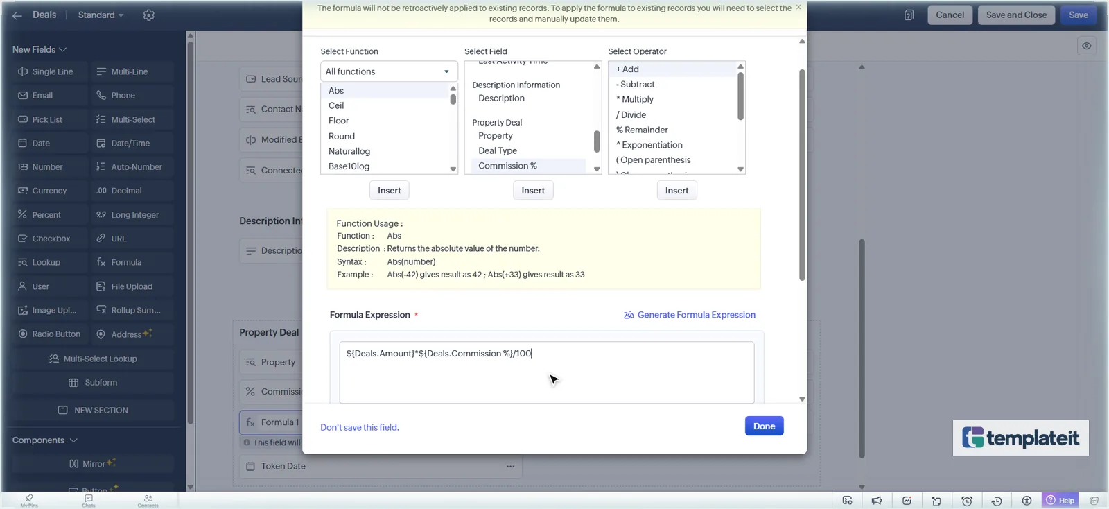 Zoho CRM formula field calculating commission amount from deal amount and commission percentage