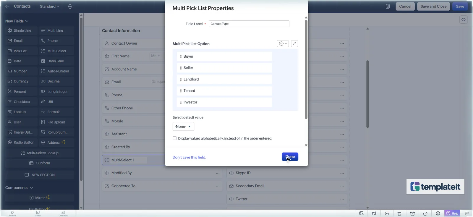 Zoho CRM Contact Type multi-select field with Buyer, Seller, Landlord, Tenant and Investor