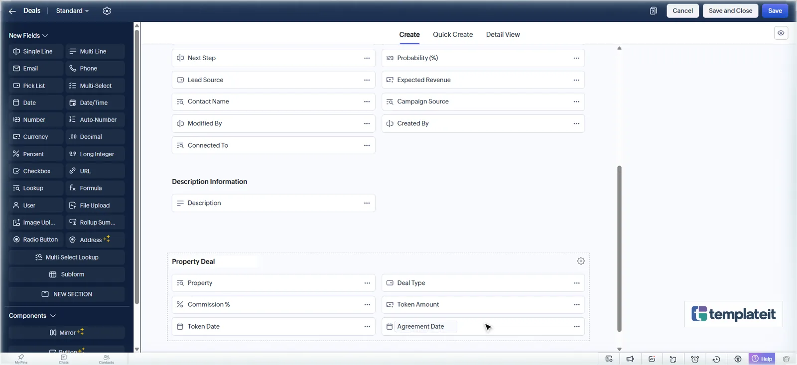 Property Deal section on the Zoho CRM Deals layout with commission, token amount and agreement date