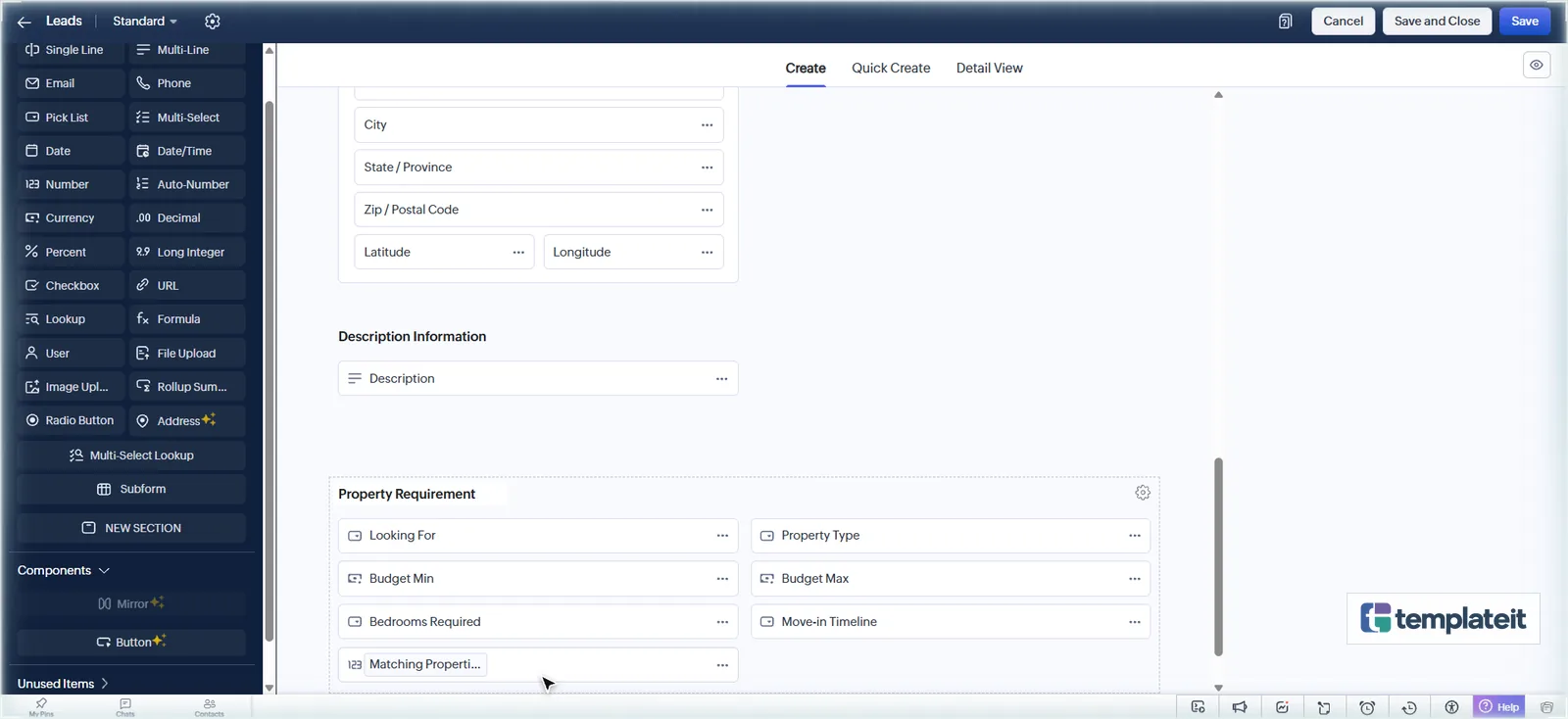 Property Requirement section on the Zoho CRM Leads layout with budget, property type and location fields