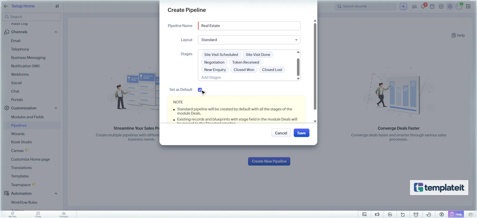 Creating the Real Estate pipeline in Zoho CRM with its deal stages