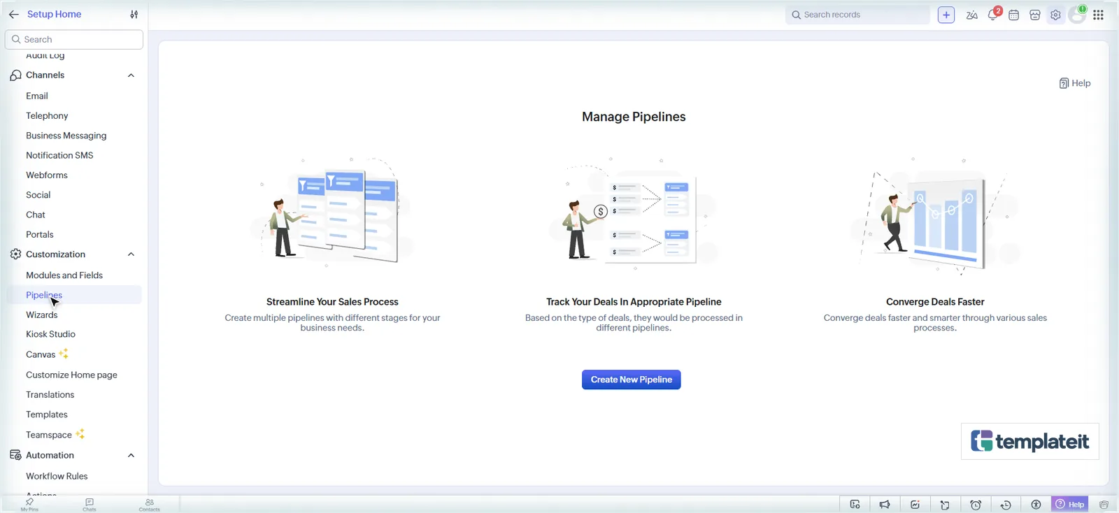 Zoho CRM Manage Pipelines page with the Create New Pipeline button