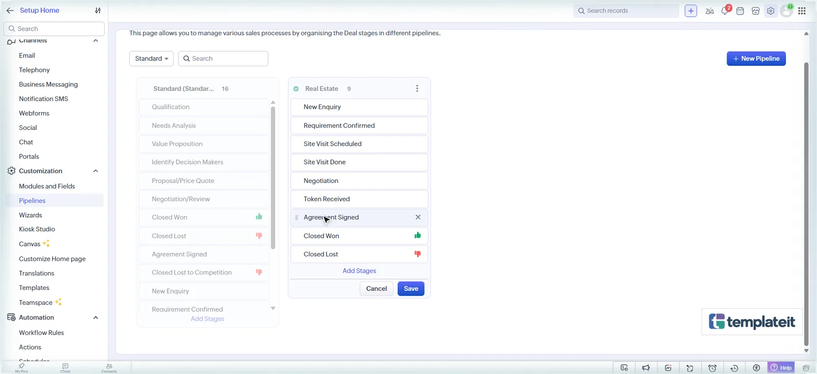 Zoho CRM Real Estate pipeline stages from New Enquiry to Closed Lost