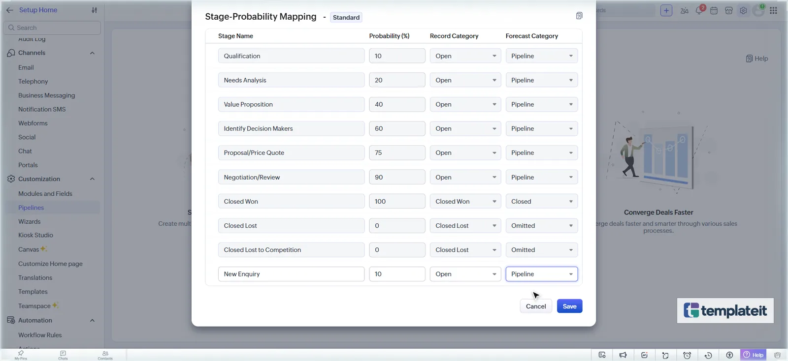 Zoho CRM stage probability mapping with the New Enquiry stage added