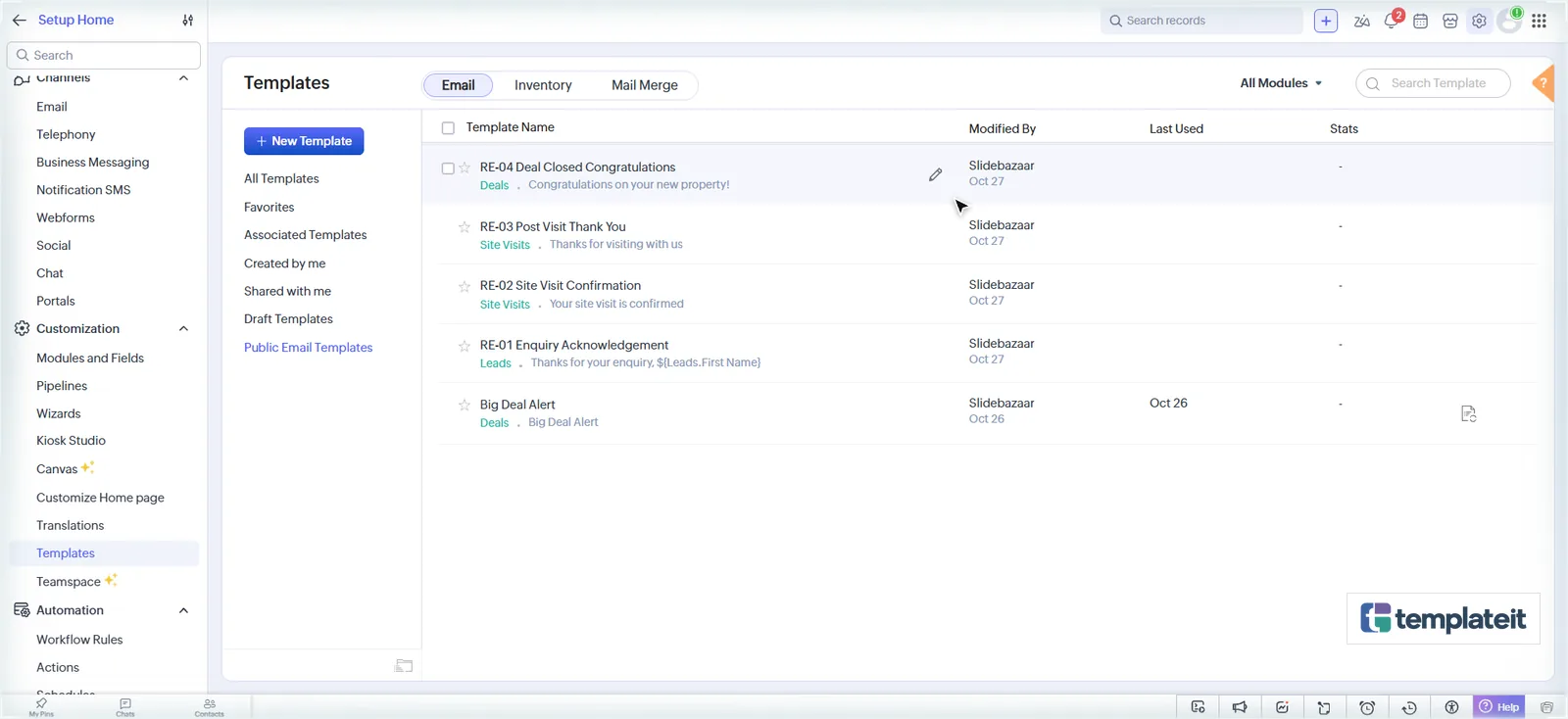 All four real estate email templates in the Zoho CRM templates list