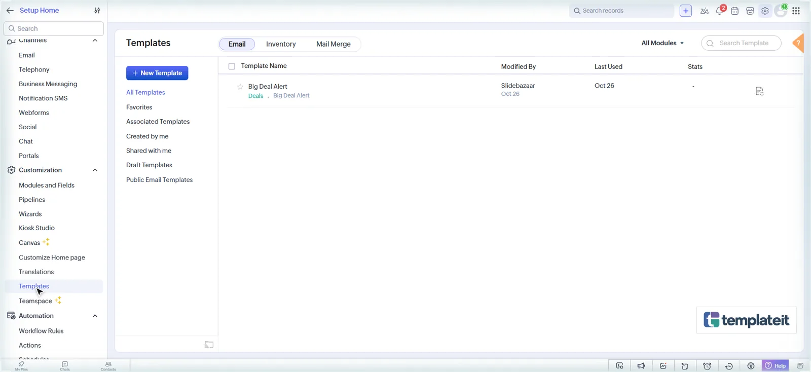 Zoho CRM email Templates page with the New Template button