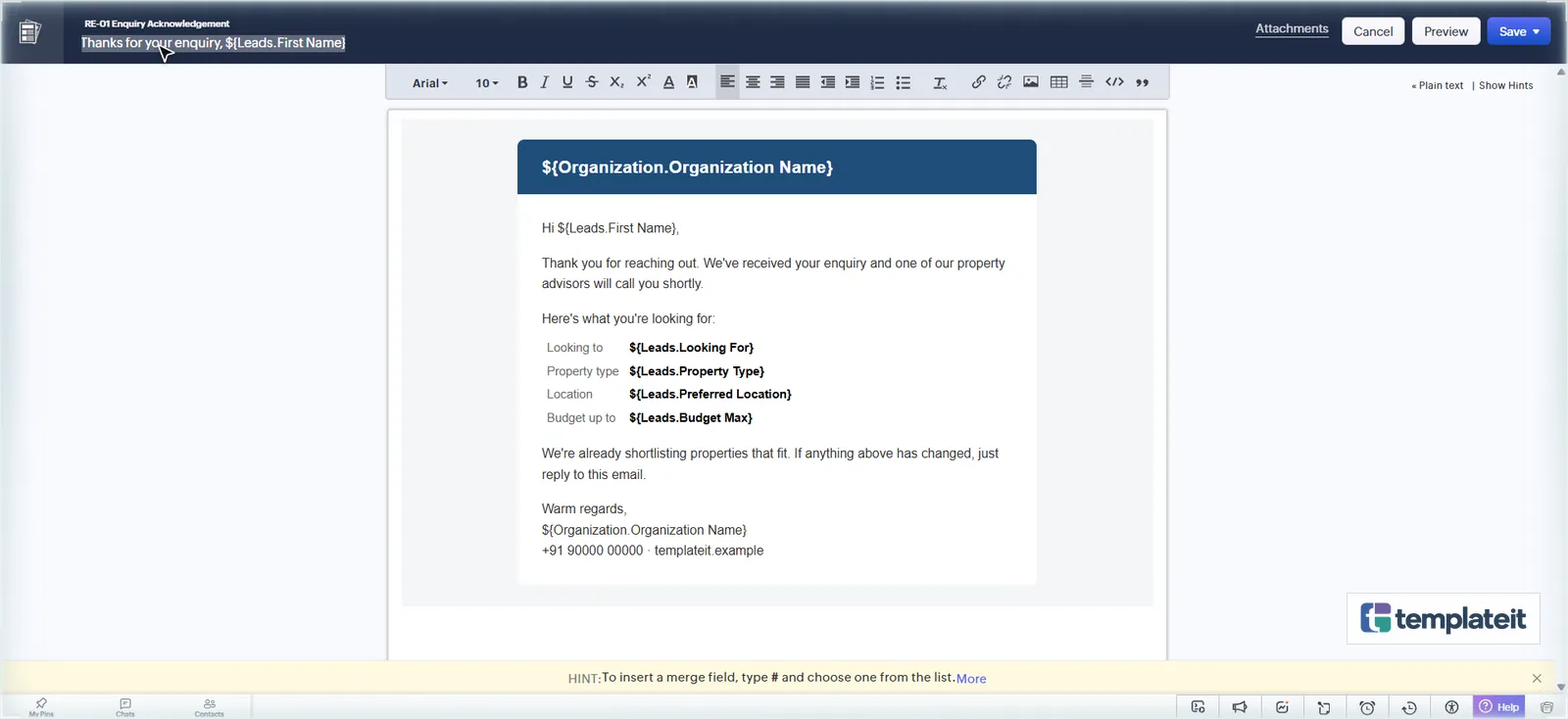 RE-01 Enquiry Acknowledgement email template in the Zoho CRM editor with merge fields