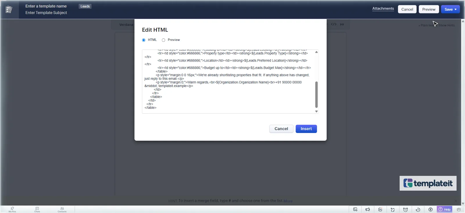 Pasting HTML into the Zoho CRM Edit HTML dialog