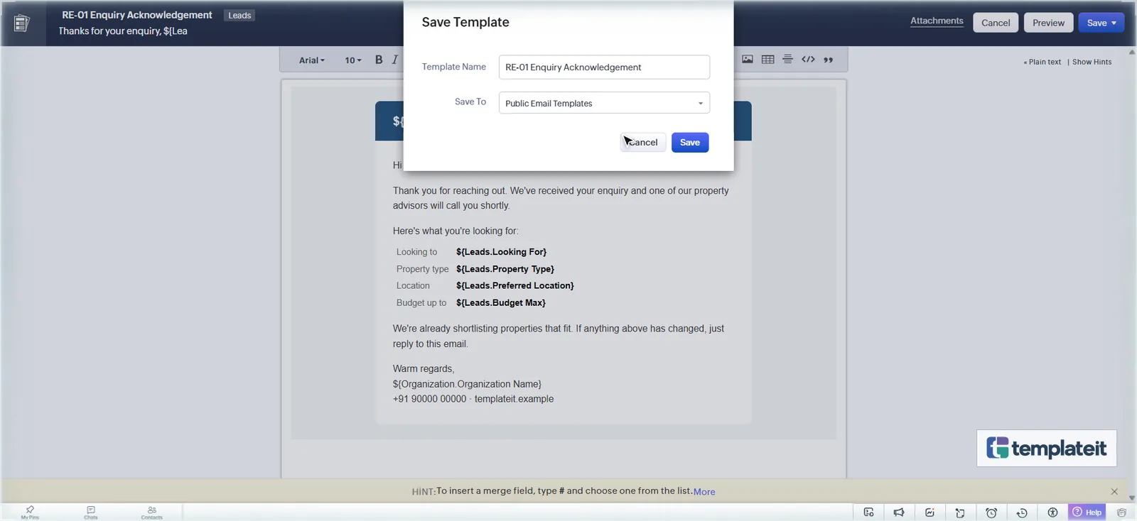 Saving a Zoho CRM email template to the Public Email Templates folder