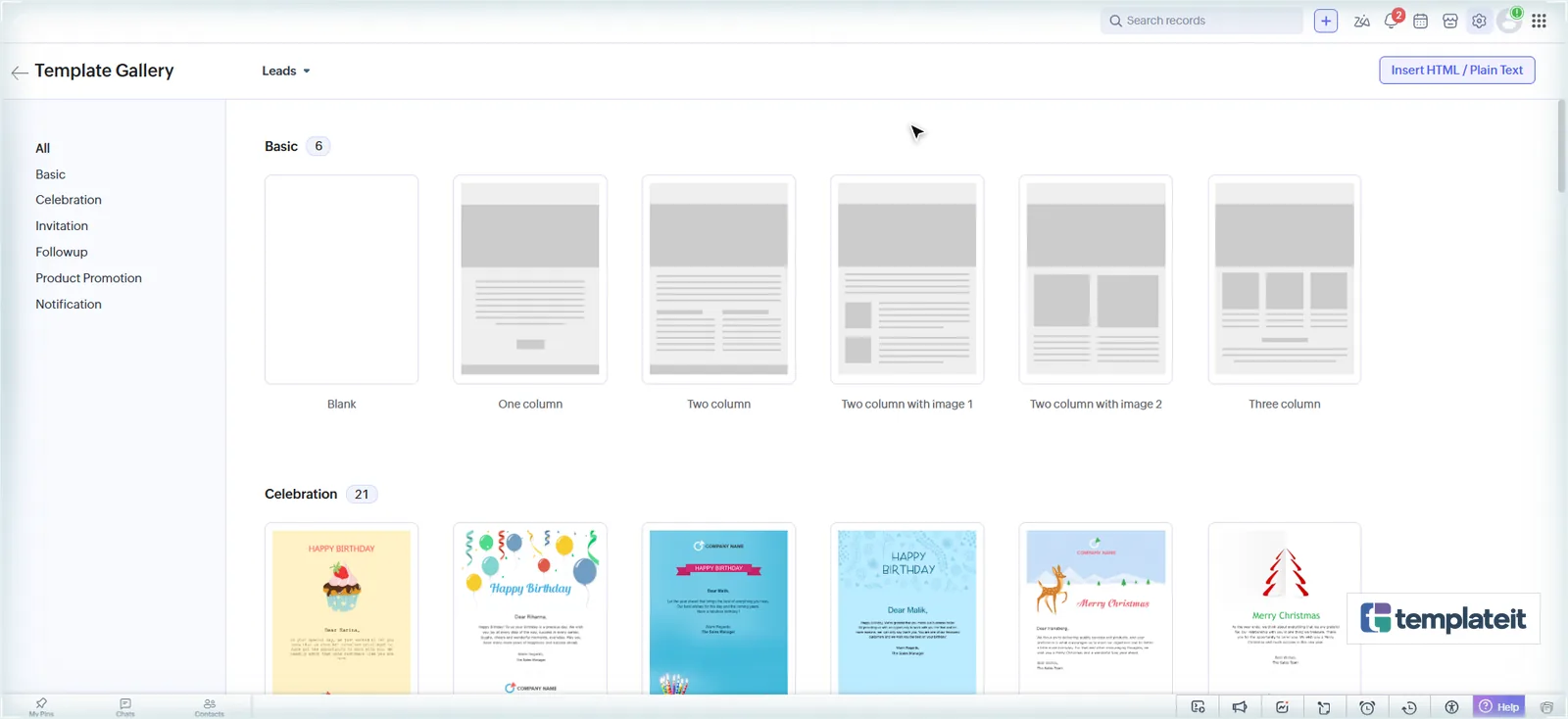 Zoho CRM email template gallery with the Insert HTML / Plain Text button