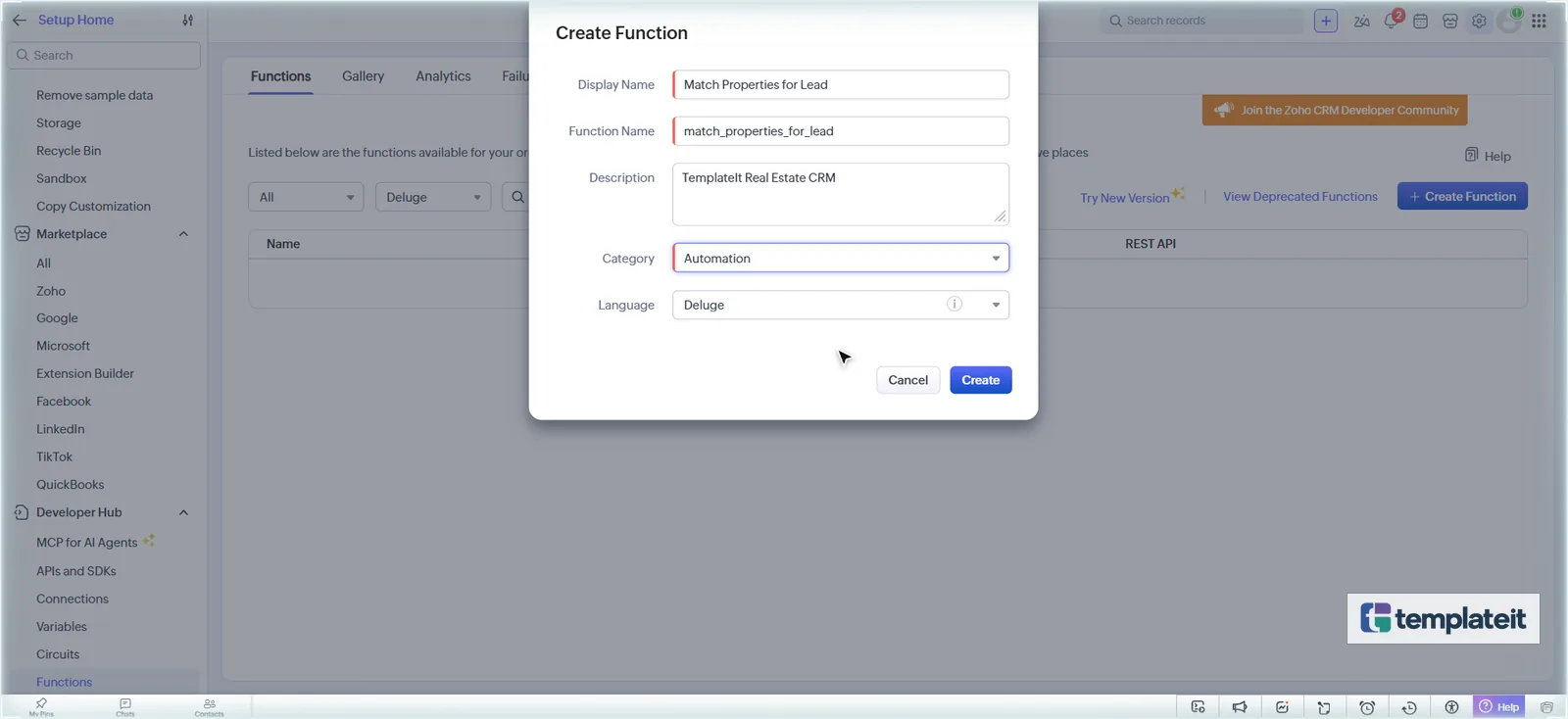 Zoho CRM Create Function dialog for Match Properties for Lead with category Automation