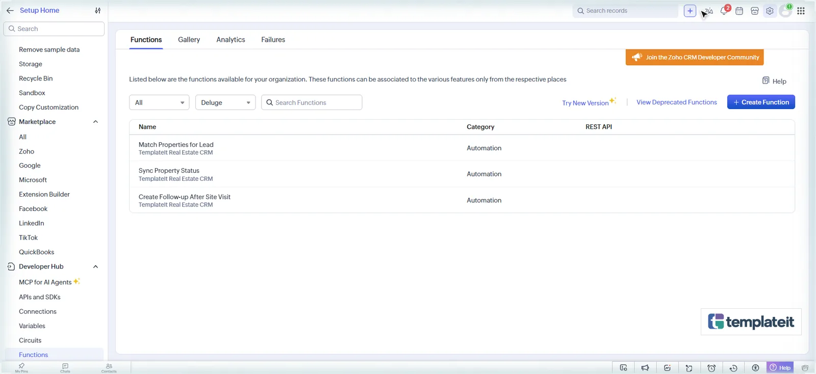 Three TemplateIt real estate custom functions listed in Zoho CRM